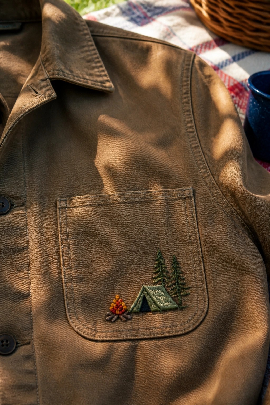 Brown jacket pocket with embroidered tent, campfire, and pine trees on picnic blanket