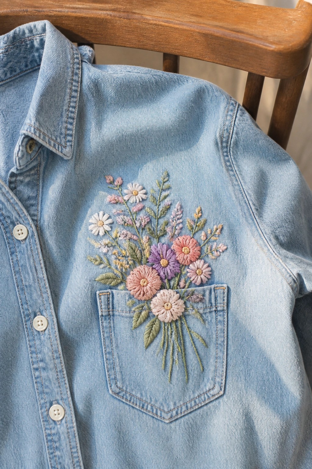 Light blue denim shirt with colorful floral embroidery on chest pocket