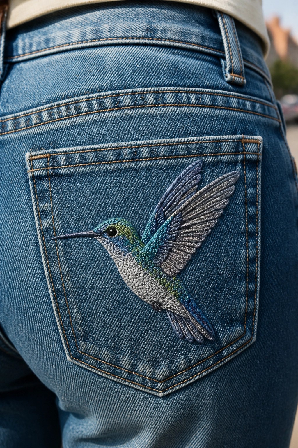 Blue denim jeans back pocket with colorful embroidered hummingbird in flight