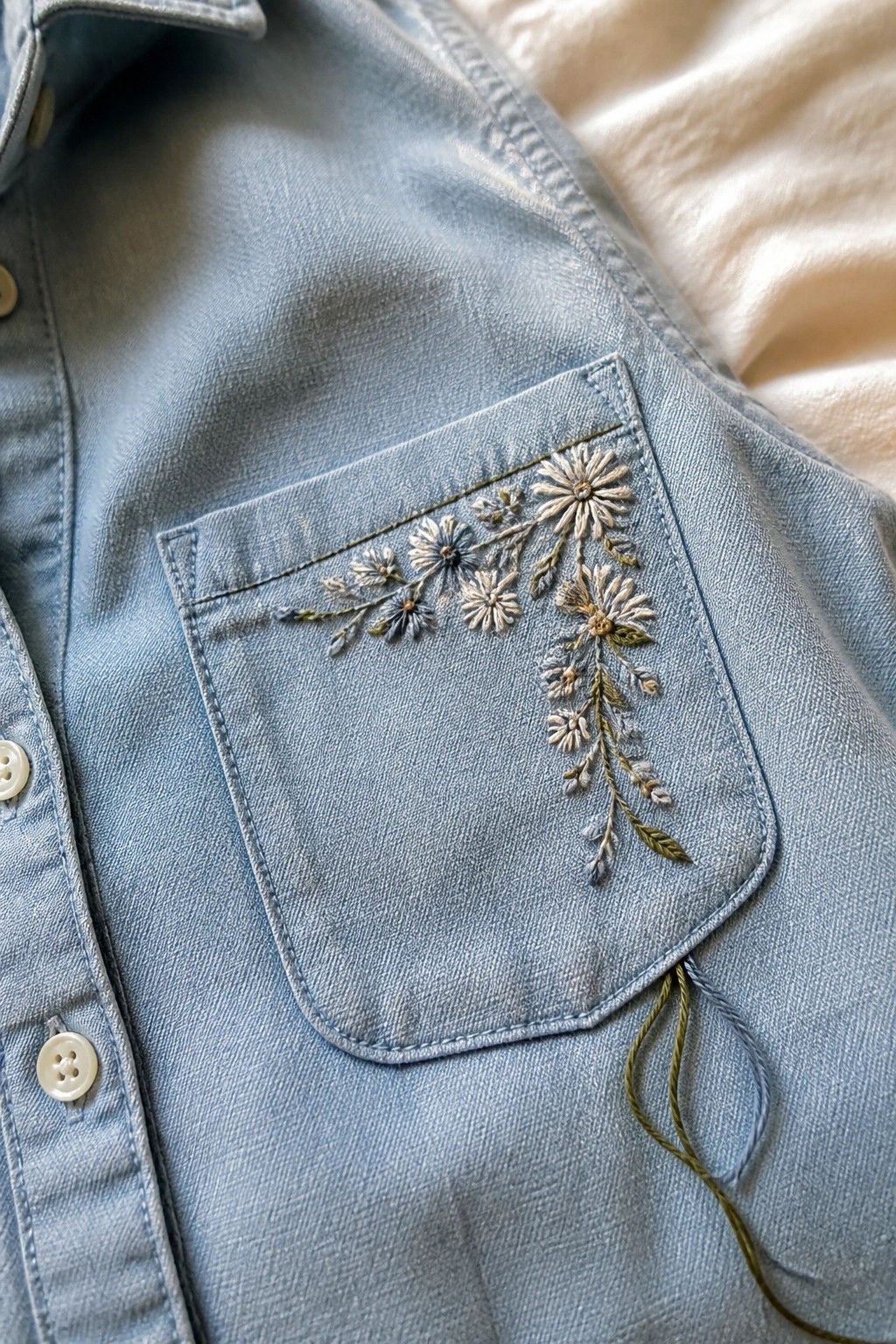 Light blue denim shirt pocket with floral embroidery and loose threads