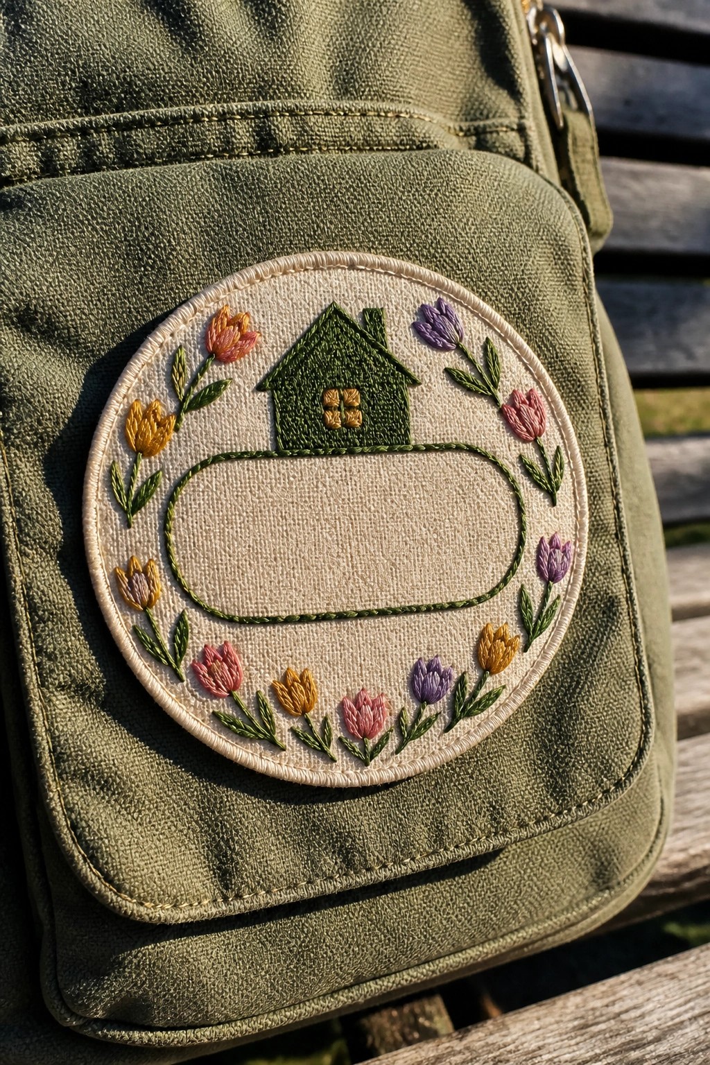 Embroidered patch on green bag showing house amid colorful tulips