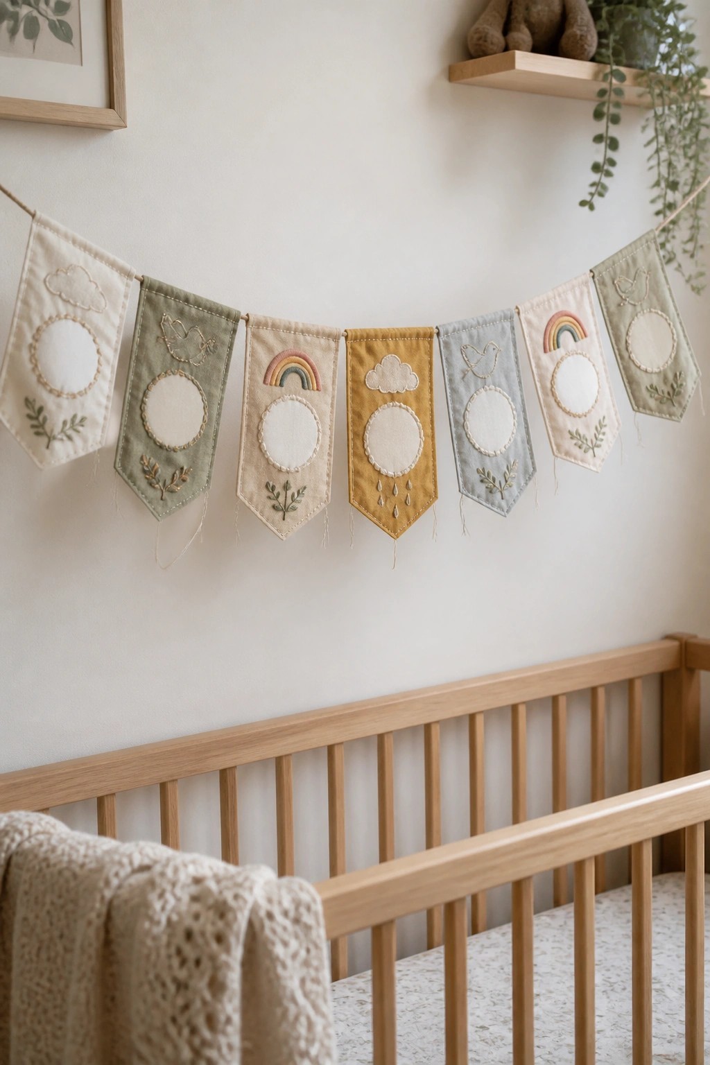 Embroidered pastel pennants with birds, rainbows, and clouds hang above a wooden crib.