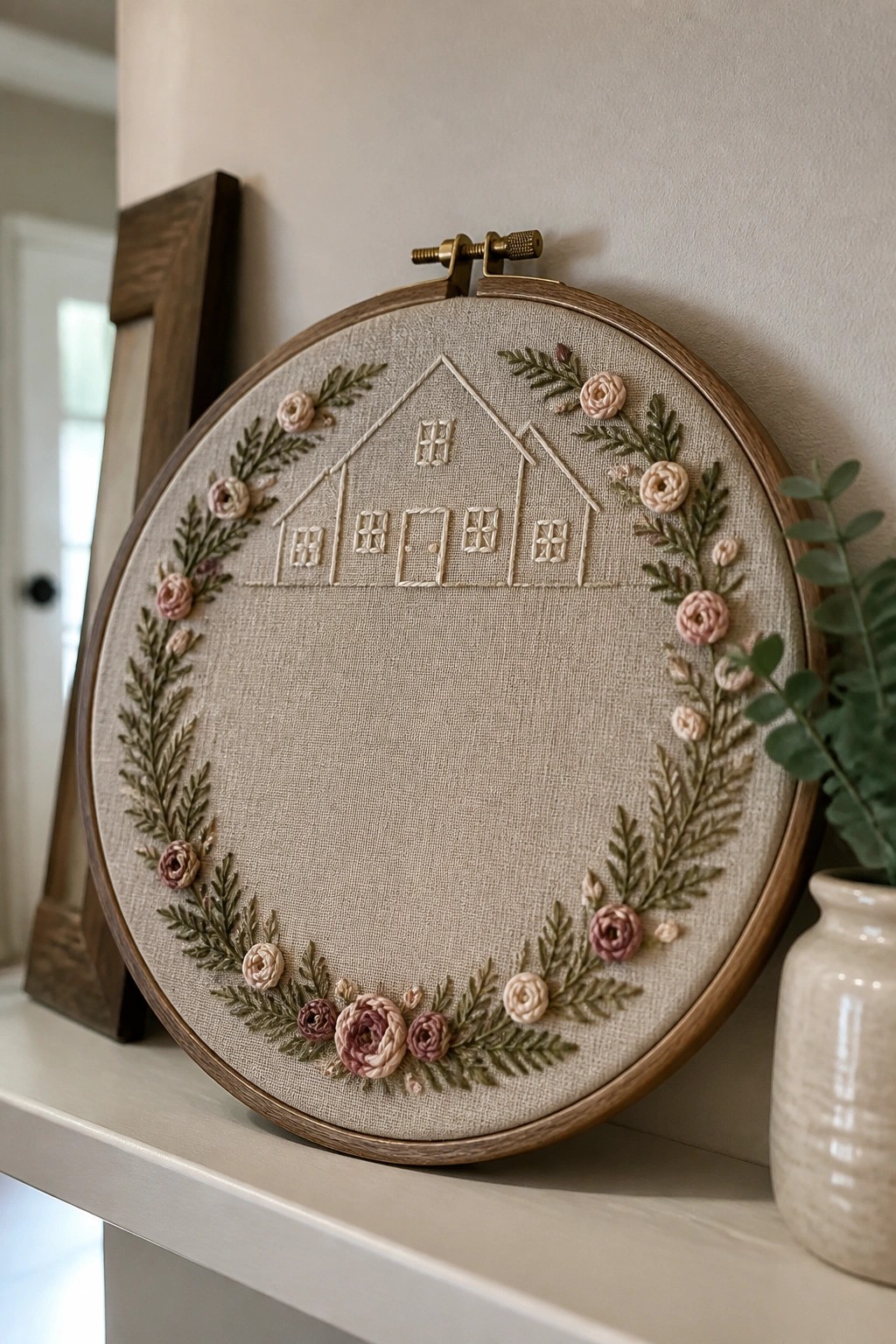Embroidery hoop with a central house outline and a circular wreath of green leaves and pink roses on beige fabric.