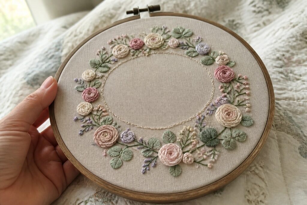 Hand holding hoop with pink roses and sage green floral wreath embroidery