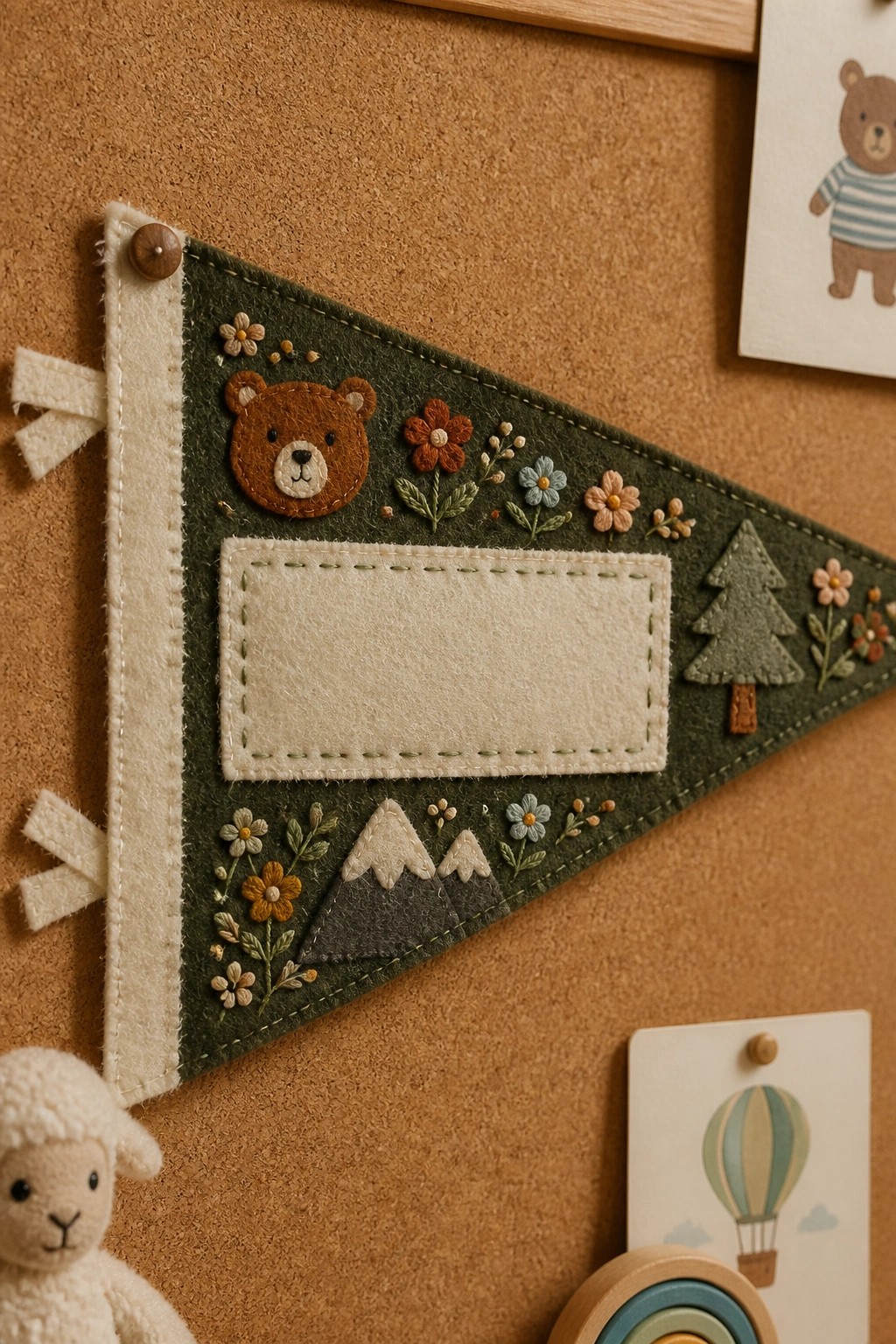Green felt pennant with bear appliqué, flowers, mountains, tree, and blank label on corkboard.