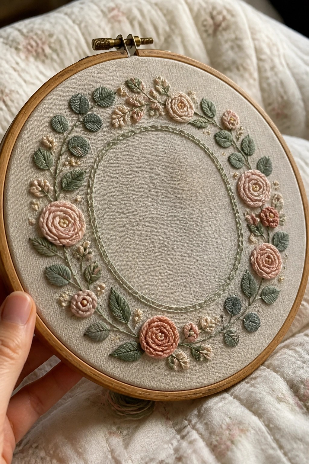 Hand holding hoop with pink roses and sage green floral wreath embroidery