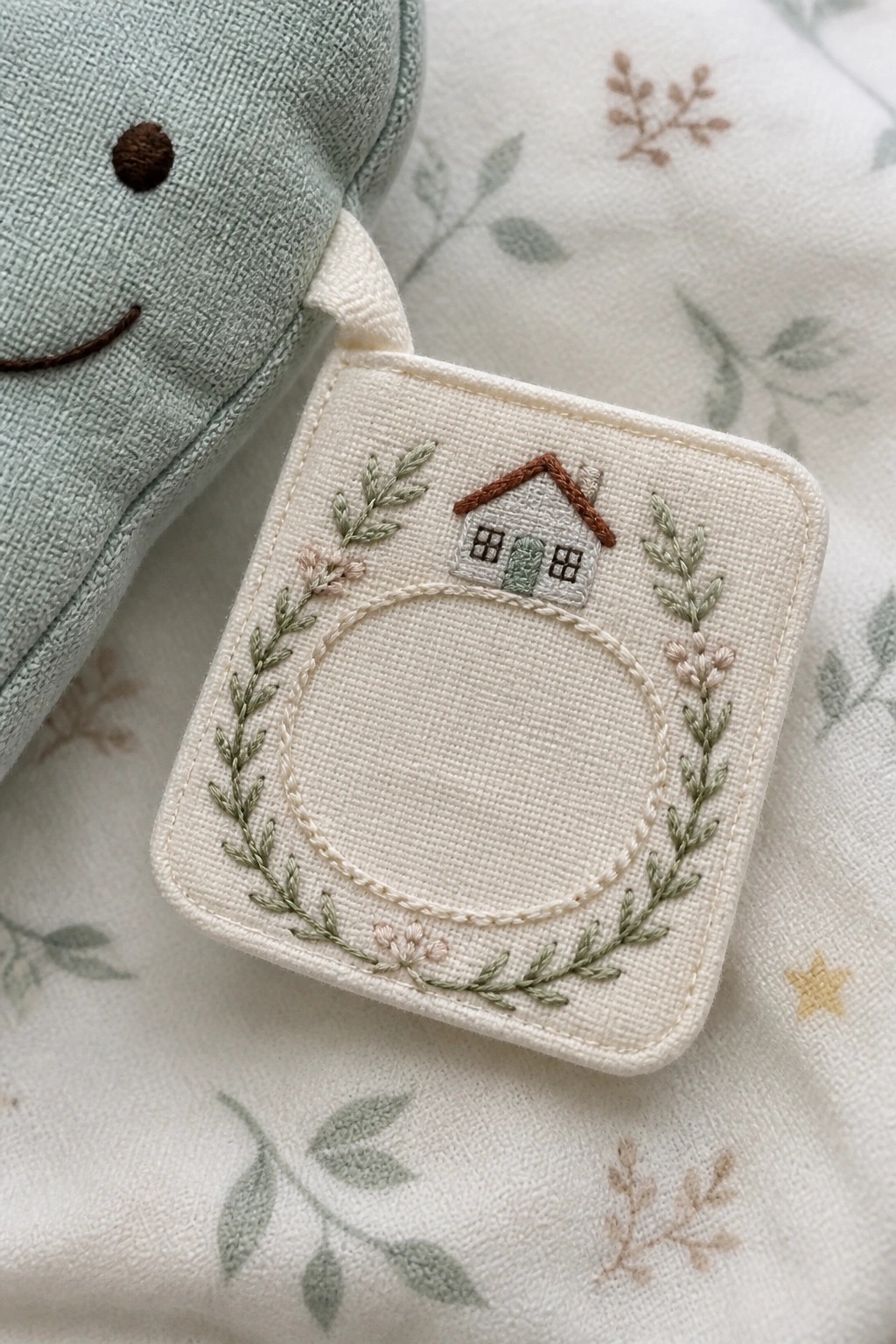 Embroidered house and wreath on cream fabric tag beside green plush toy