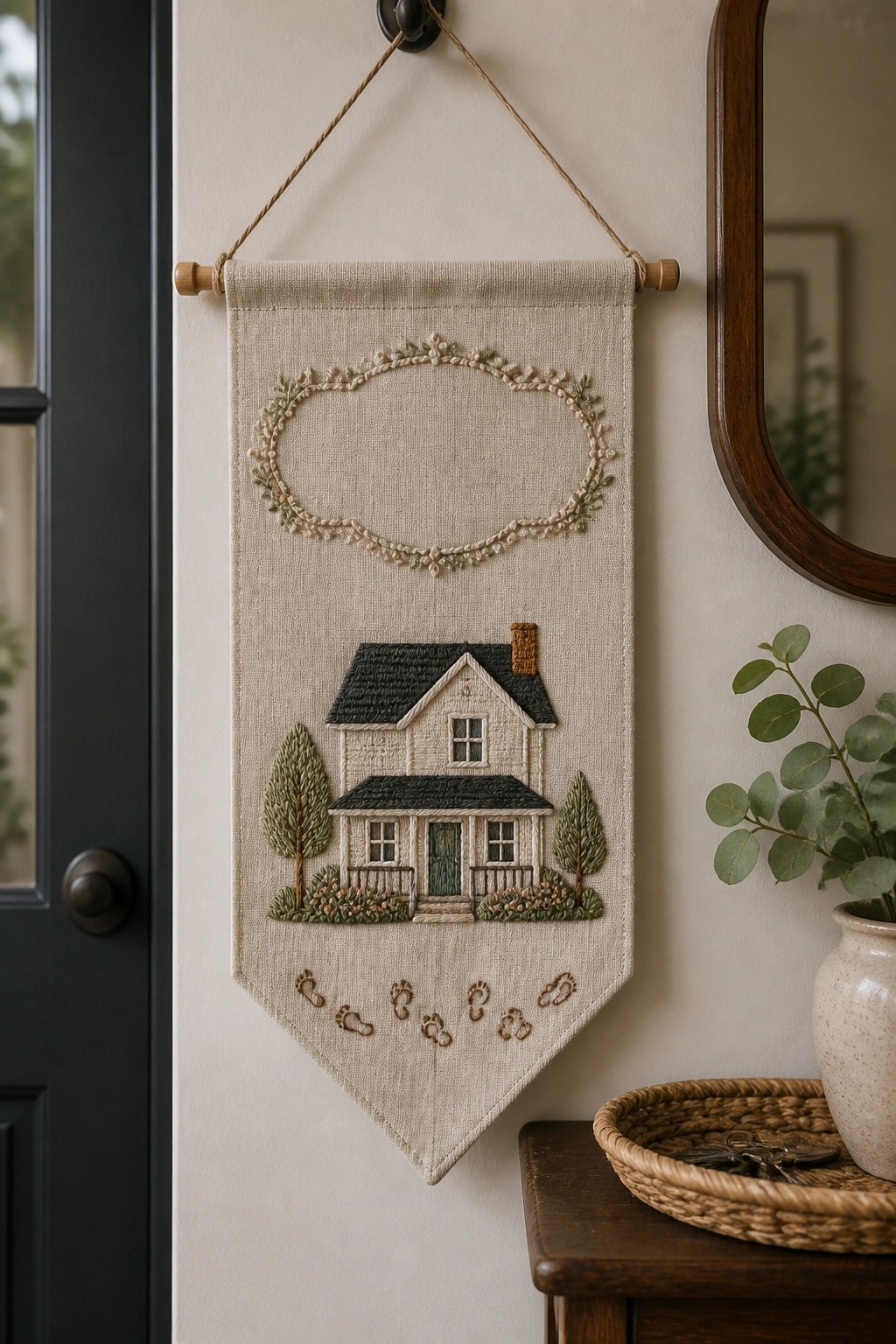 Embroidered beige banner with house, wreath, trees, and footprints hanging by wooden rod.