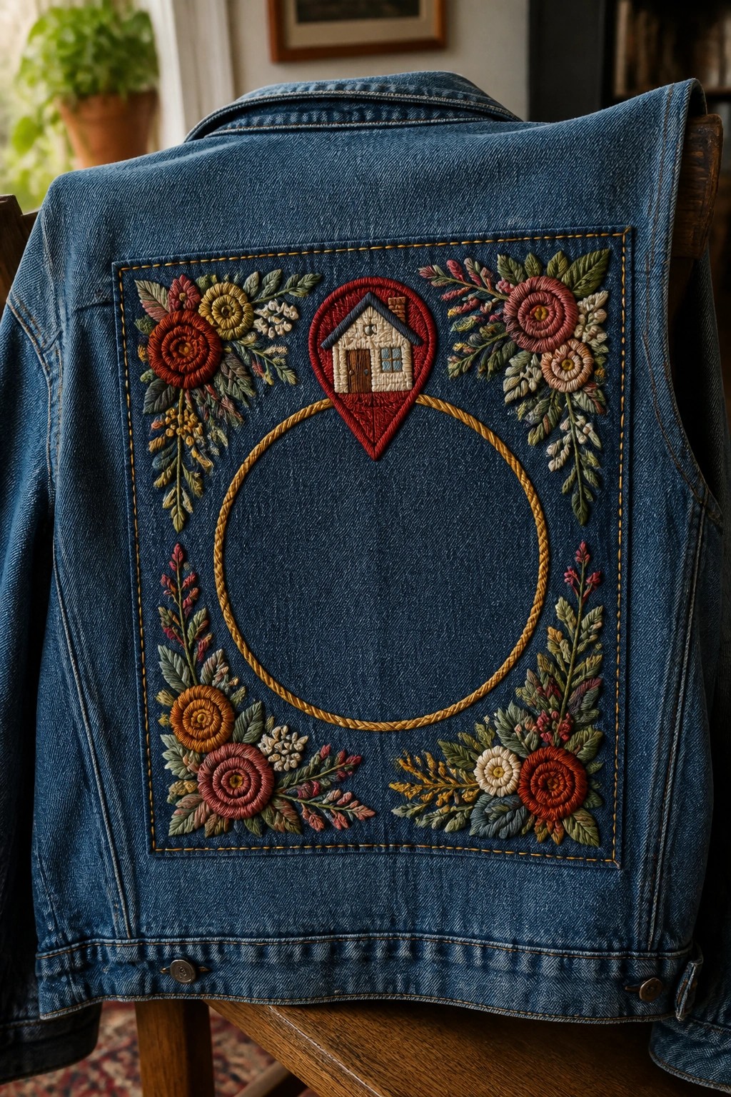 Blue denim jacket back with embroidered red house location pin, surrounding flowers, and empty gold-bordered circle on a wooden chair.