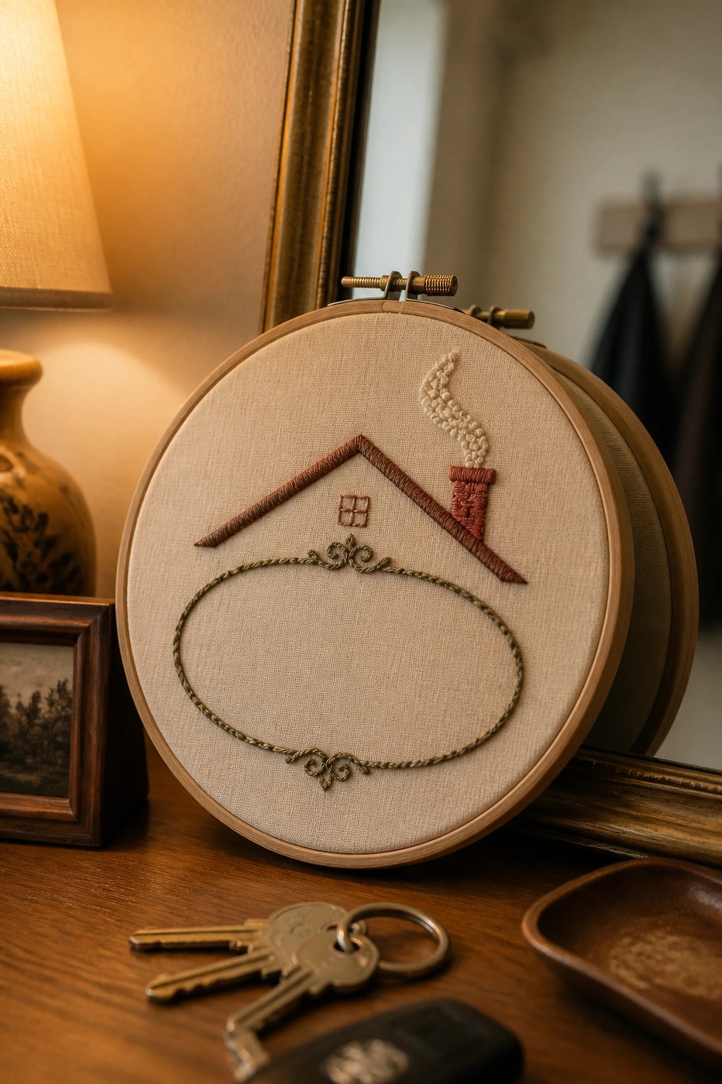 Embroidery hoop with a house, chimney, and smoke above an empty oval frame on beige fabric, keys visible on the table below.