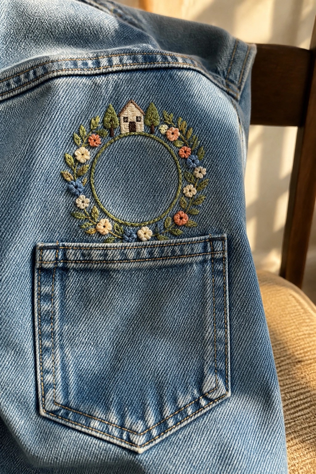 Blue denim jeans back pocket topped with embroidered floral wreath and house.