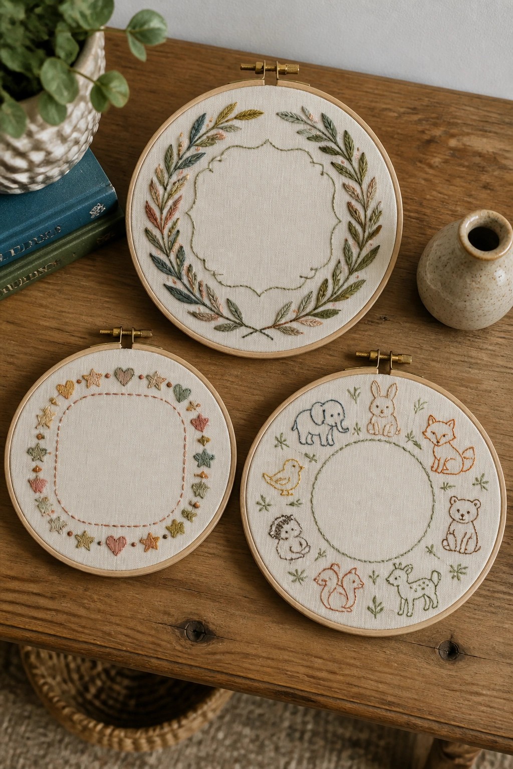 Three embroidery hoops with leaf wreath, hearts-stars border, and animals on wooden table.