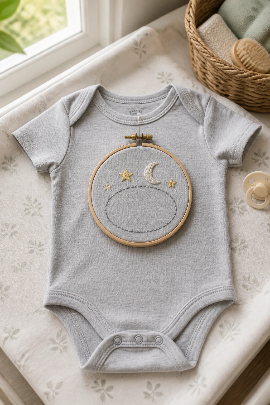Light gray baby onesie with moon-and-stars embroidery hoop, pacifier nearby.