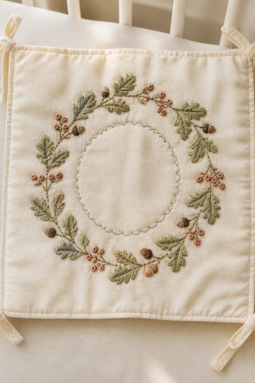 Embroidered wreath of green leaves, acorns, and berries on cream fabric