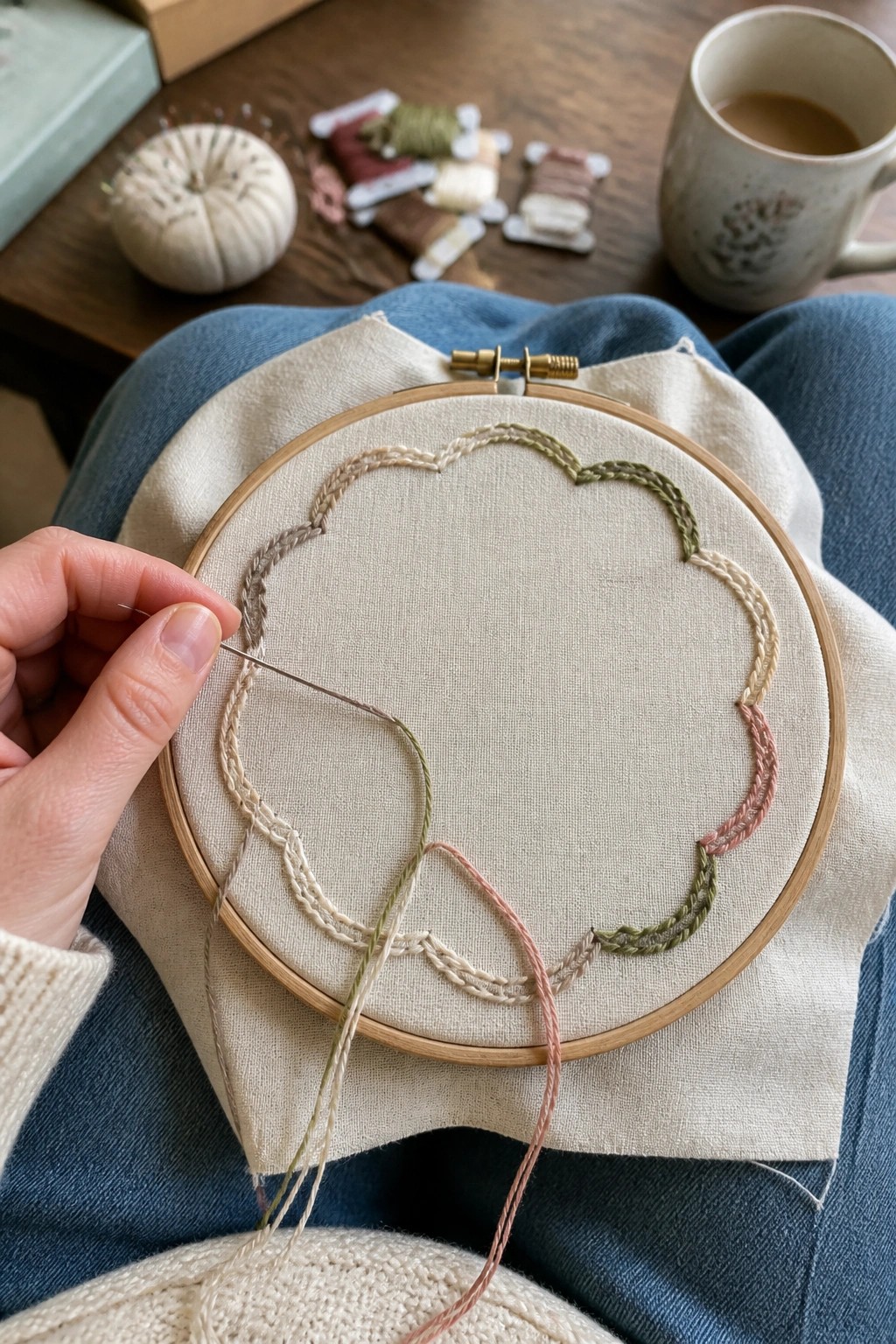 Hand stitches beige, green, and pink threads into scalloped floral embroidery hoop on lap