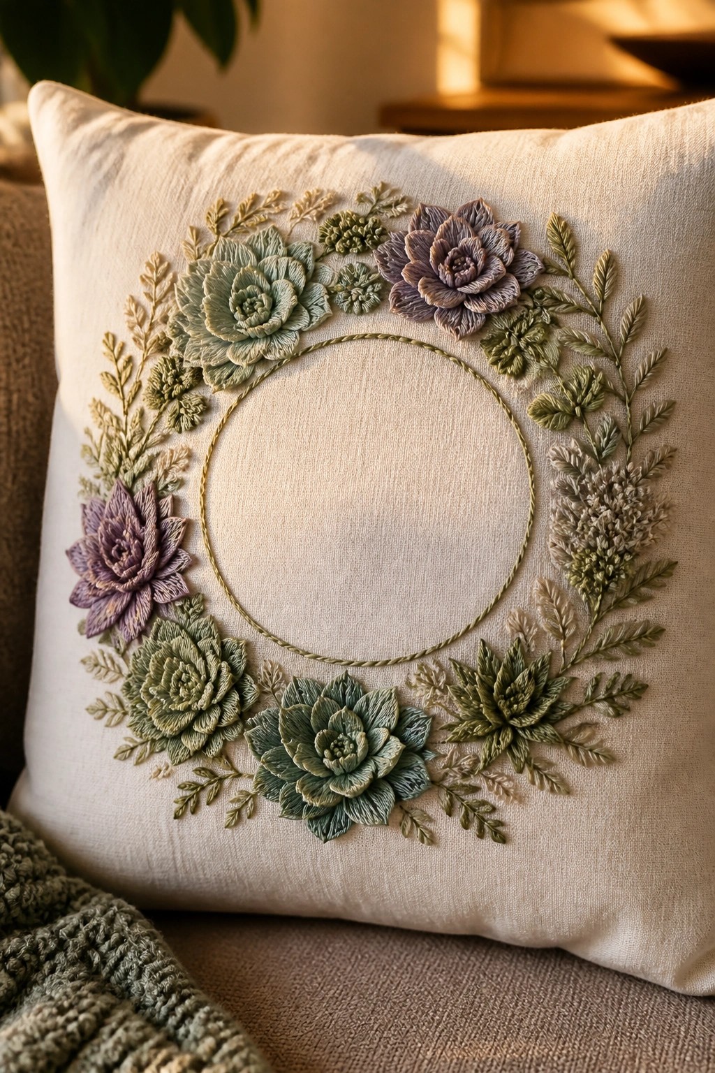 A cream fabric pillow shows a stitched ring of green and purple succulents with an empty circle left in the center.
