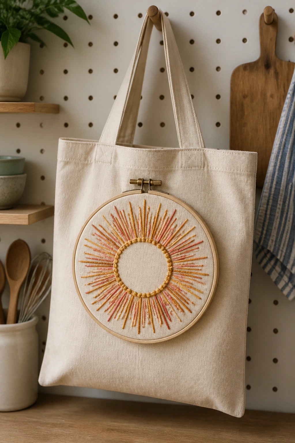 Beige canvas tote bag with colorful sun embroidery in wooden hoop on pegboard