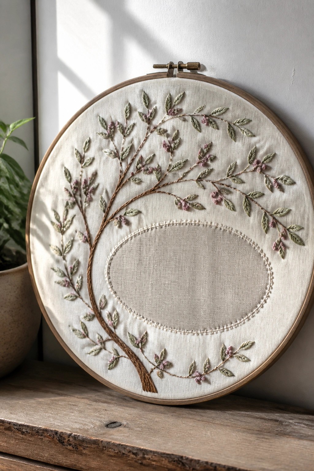 Wooden hoop with embroidered tree branches bearing green leaves and pink berries, empty oval center.