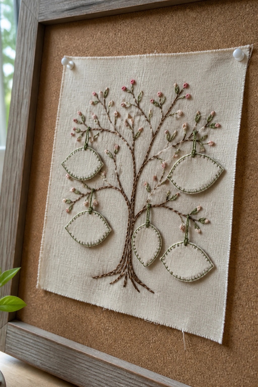 Embroidery of a tree with brown trunk and branches on beige fabric, green-outlined oval shapes hanging from some branches, and small pink buds scattered throughout.