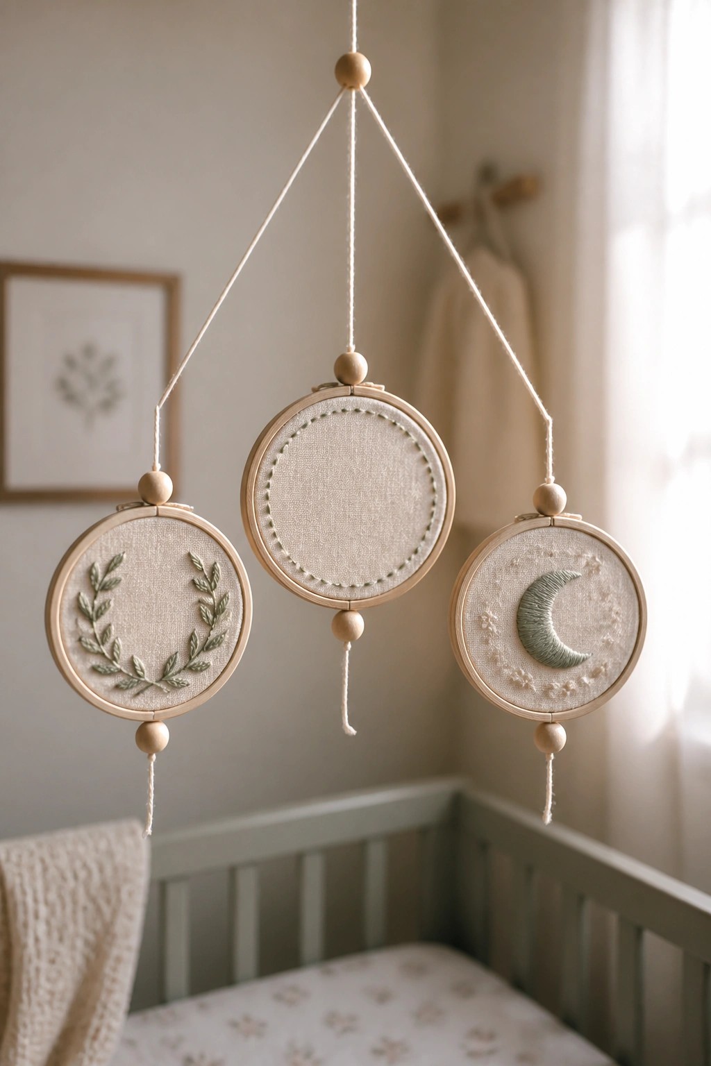 Hanging embroidery hoop mobile with leaf wreath, moon, and stars above crib