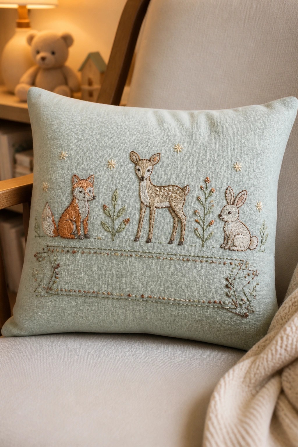 Embroidered mint green pillow with fox, fawn, rabbit and blank banner on chair