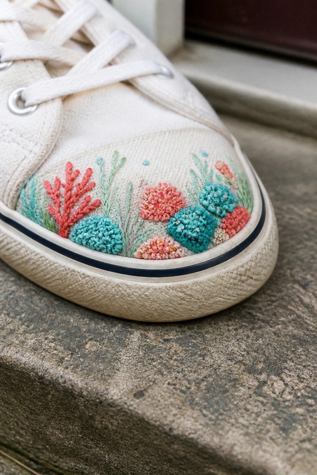 White canvas sneaker with red coral and turquoise-pink floral embroidery on toe