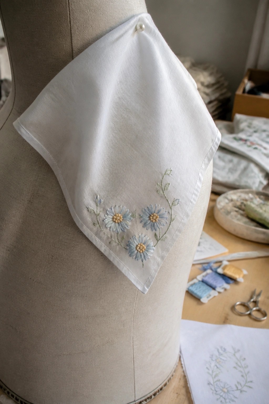 White handkerchief with blue daisy embroidery pinned to beige dress form mannequin