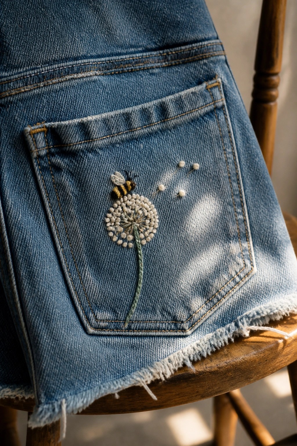 Blue denim shorts back pocket embroidered with a dandelion of white French knots, a bee, and scattered dots.