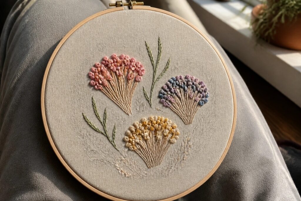 Colorful floral embroidery in hoop on blue jeans and white knit sweater