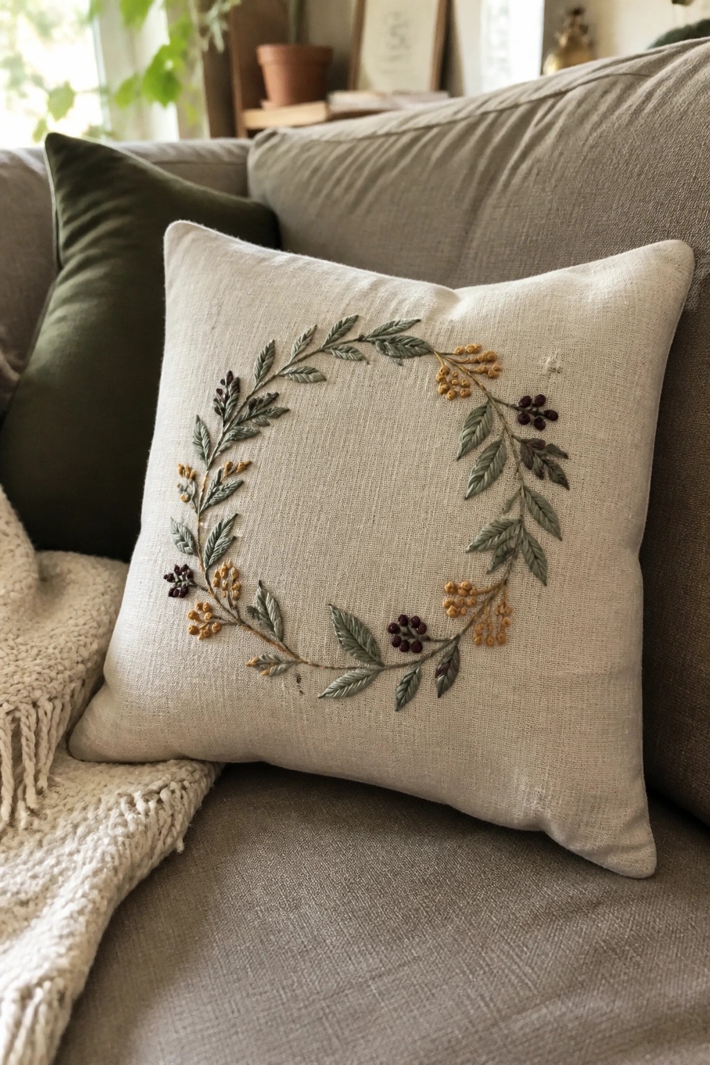 Beige embroidered pillow with leafy wreath on gray couch beside green cushion.