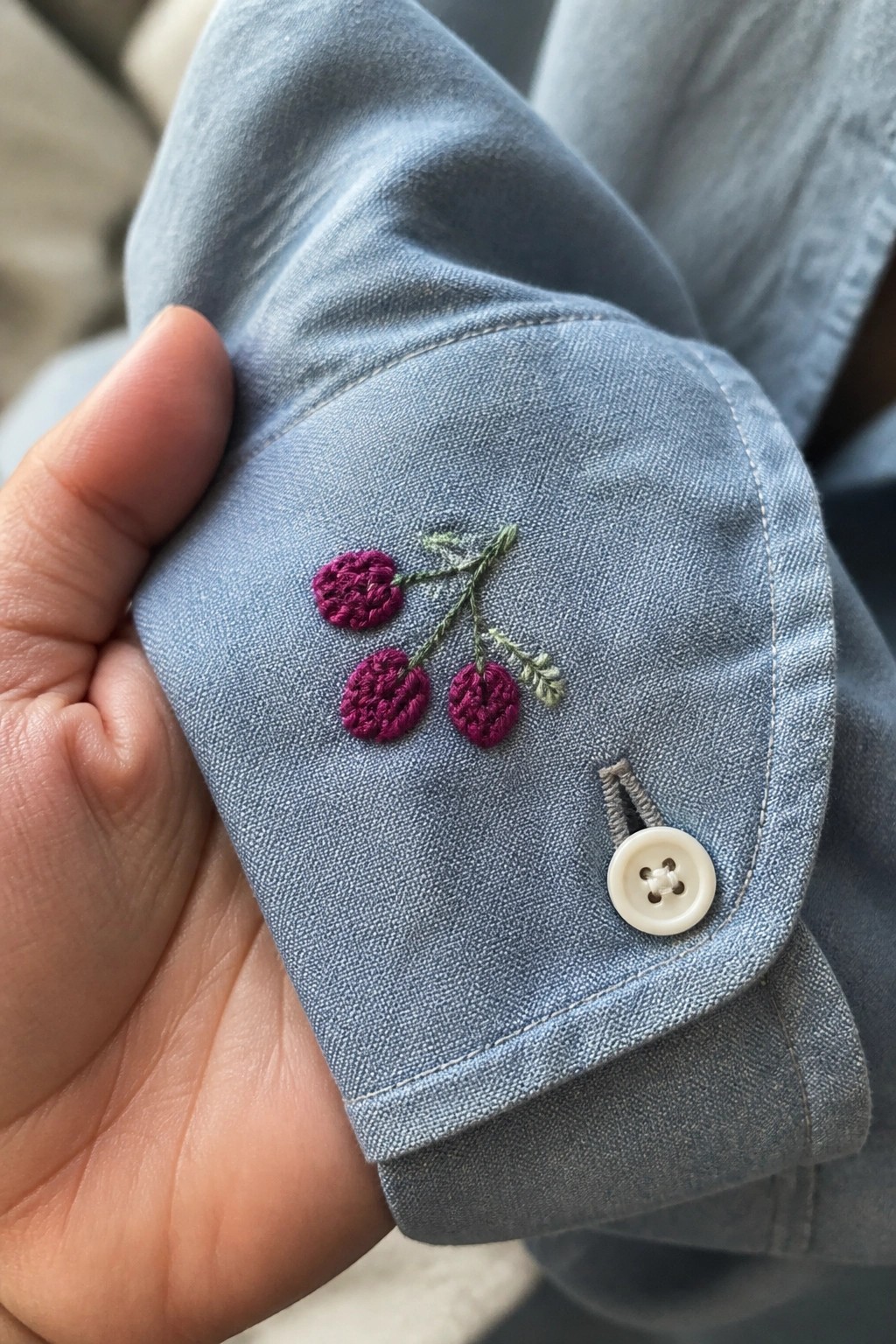 Hand holding blue denim cuff with embroidered magenta cherries and white button