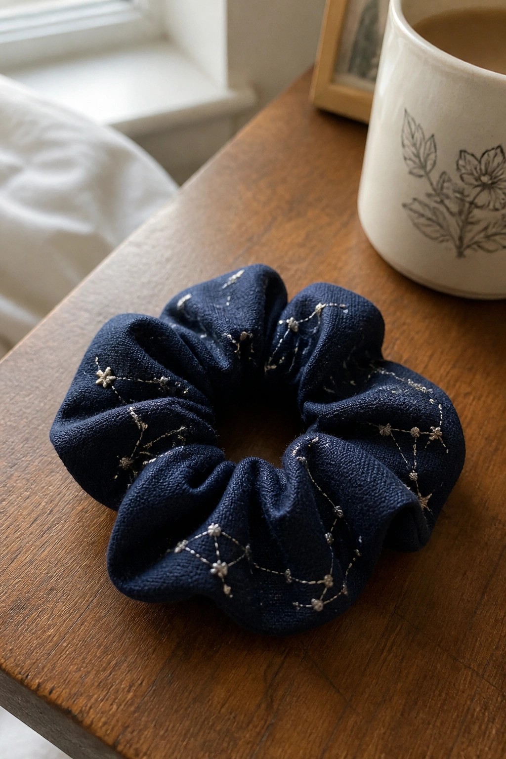 A navy blue scrunchie with silver French knot constellations embroidered across the fabric, sitting on a wooden table.
