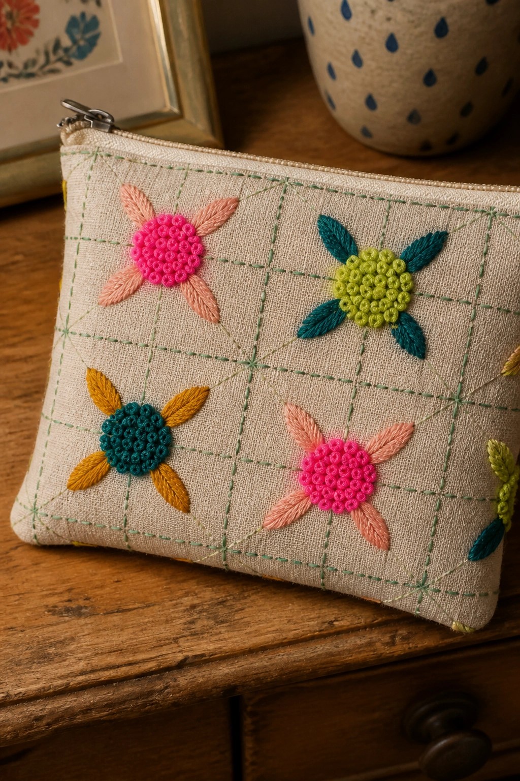 A zippered fabric pouch with embroidered flowers that have bright French knot centers placed on a stitched grid.