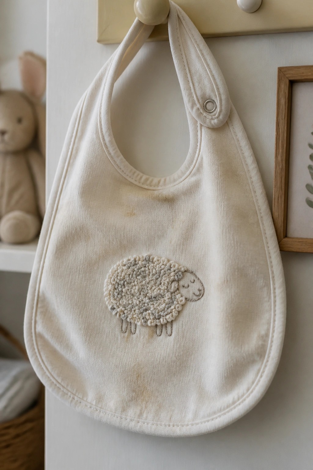 Cream baby bib with embroidered sheep hanging from yellow knob in nursery.