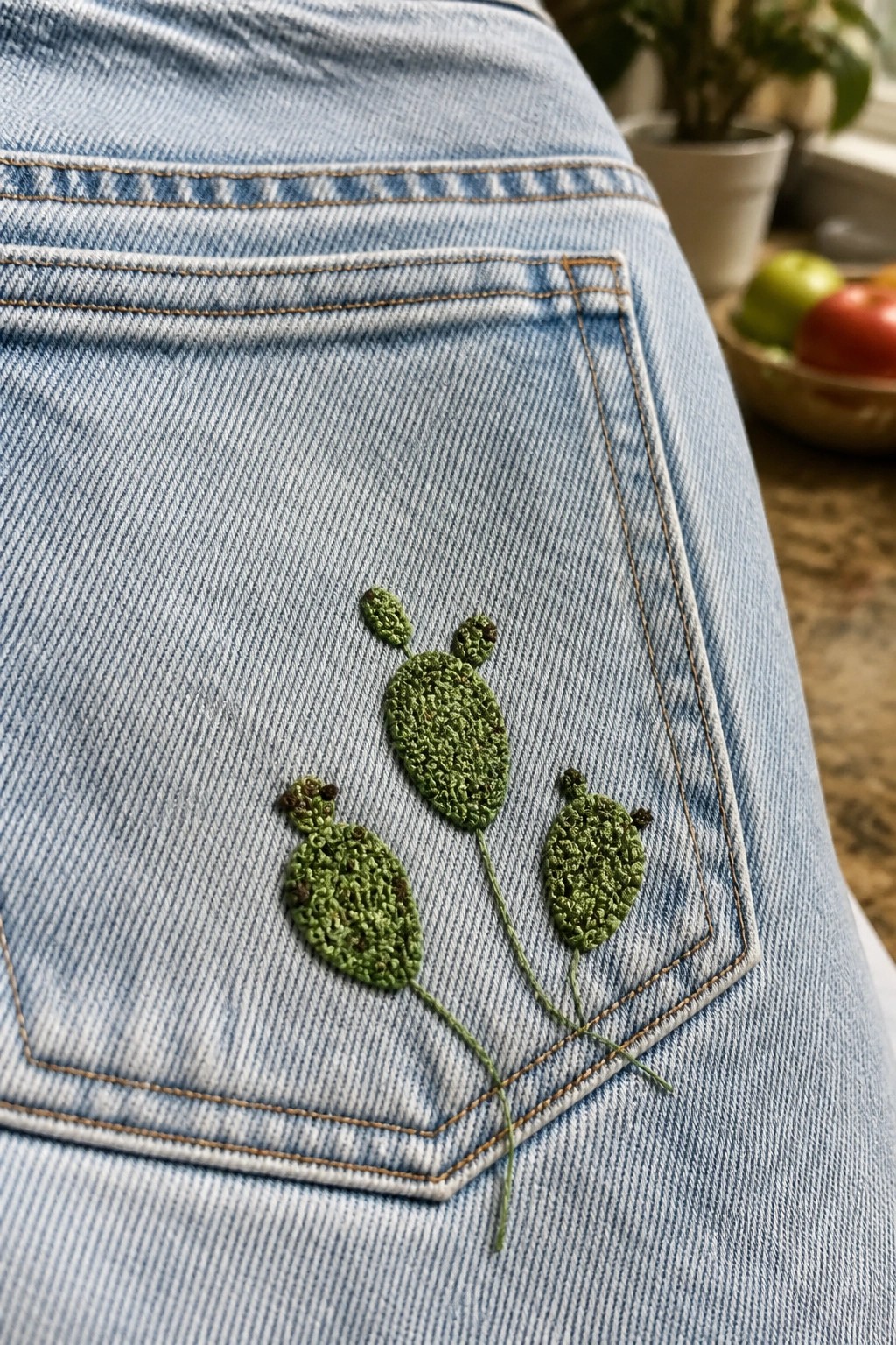 Blue denim jeans back pocket with green embroidered cacti and brown tips.