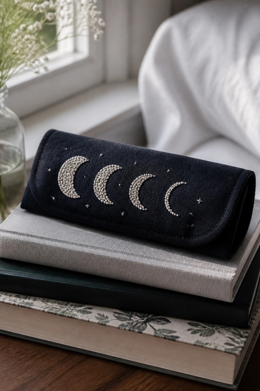 Navy blue embroidered pouch with moon phases on stacked books by a window.