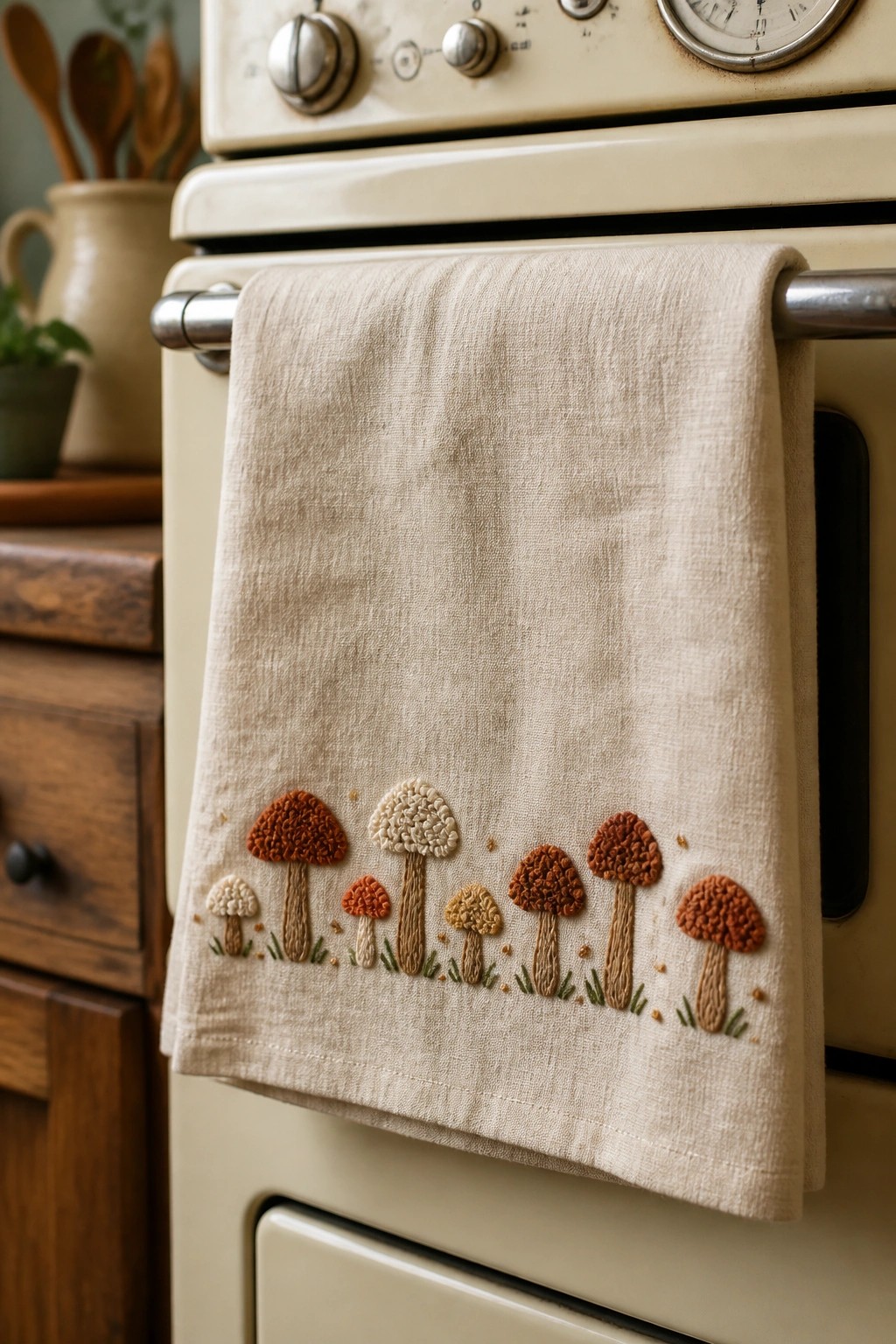 Embroidered mushrooms adorn a beige towel on a vintage cream stove.