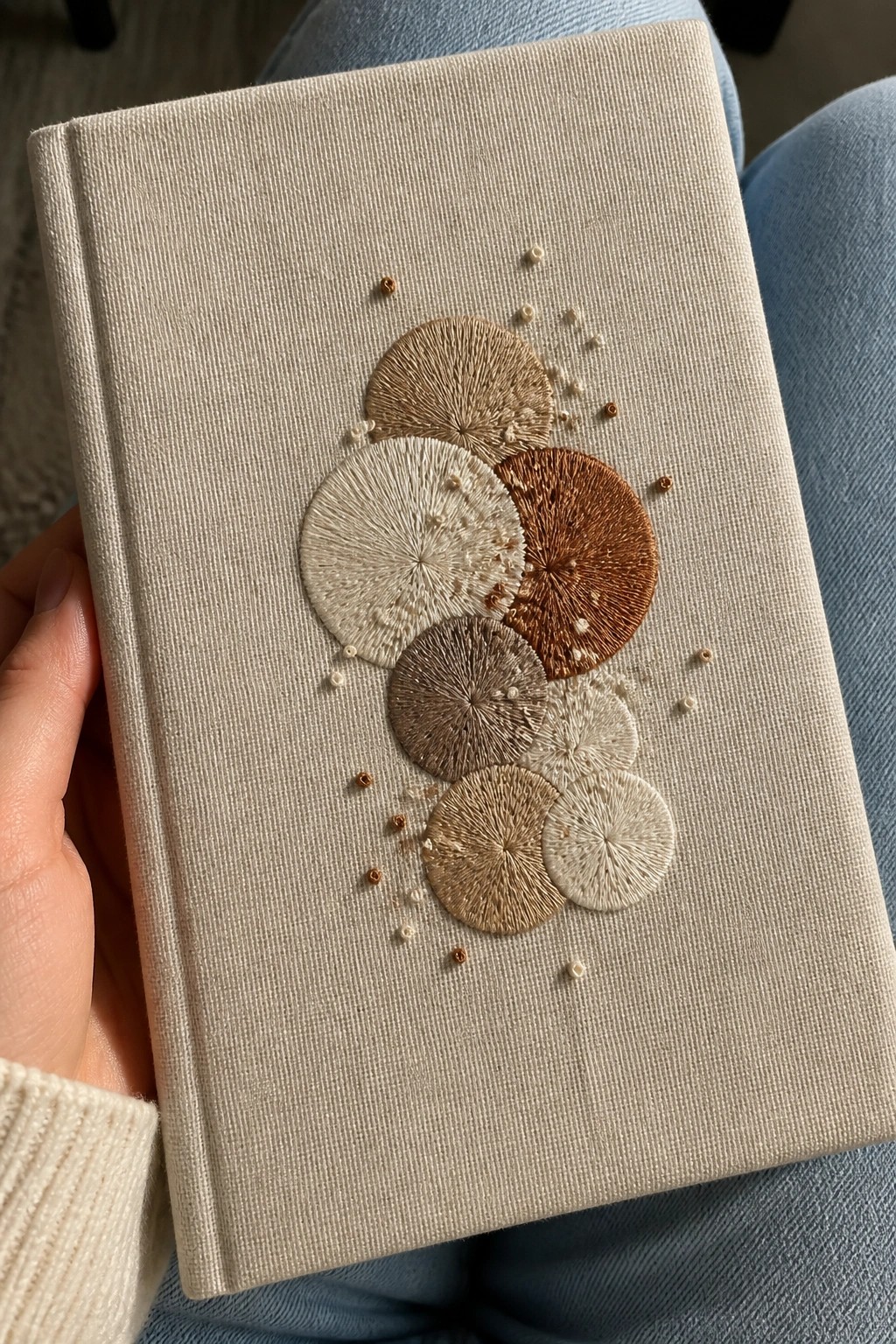 Hand holding beige fabric book with embroidered brown and beige circles on denim lap