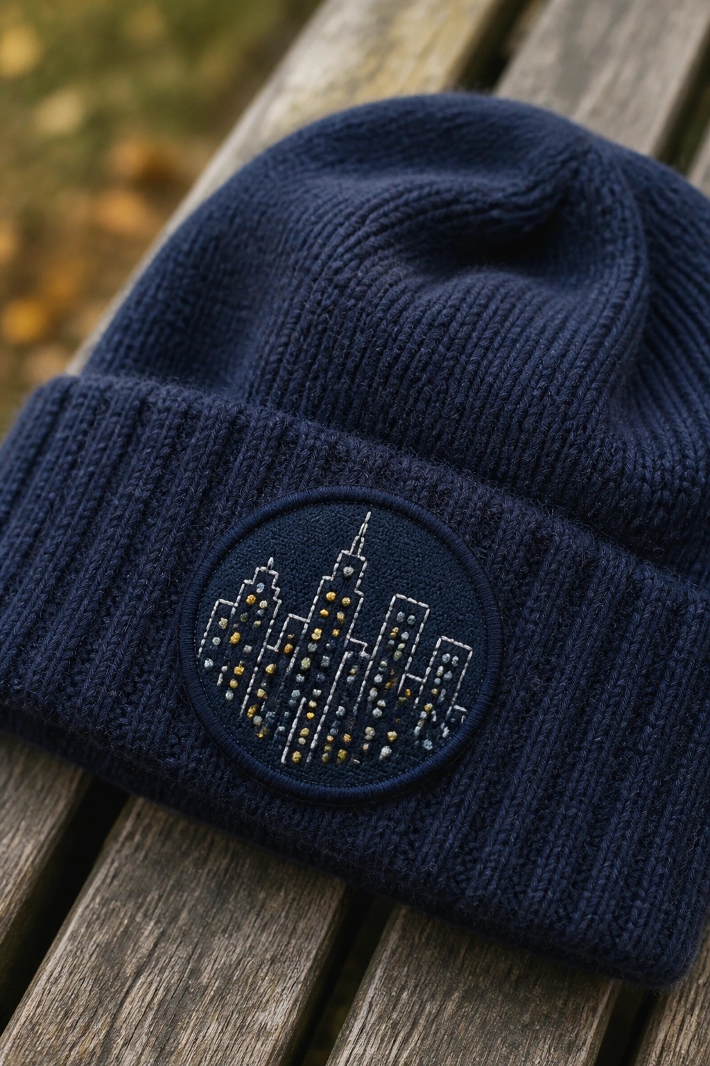 Navy blue knitted beanie with embroidered city skyline patch on wooden bench.