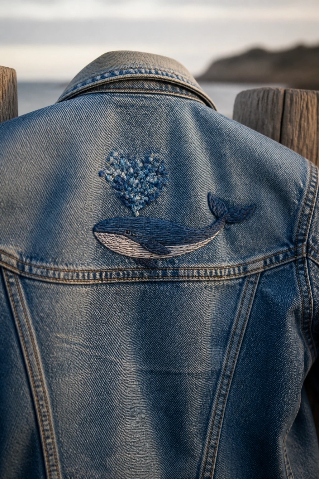 Blue denim jacket with embroidered whale and blue heart by the sea