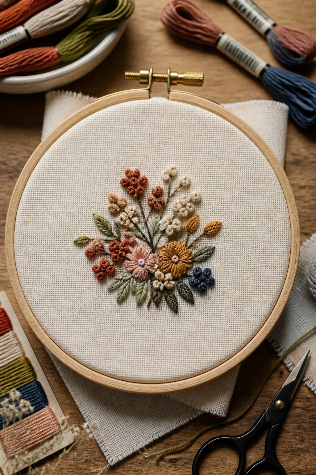 Wooden embroidery hoop with colorful floral design, threads, and scissors on wooden table