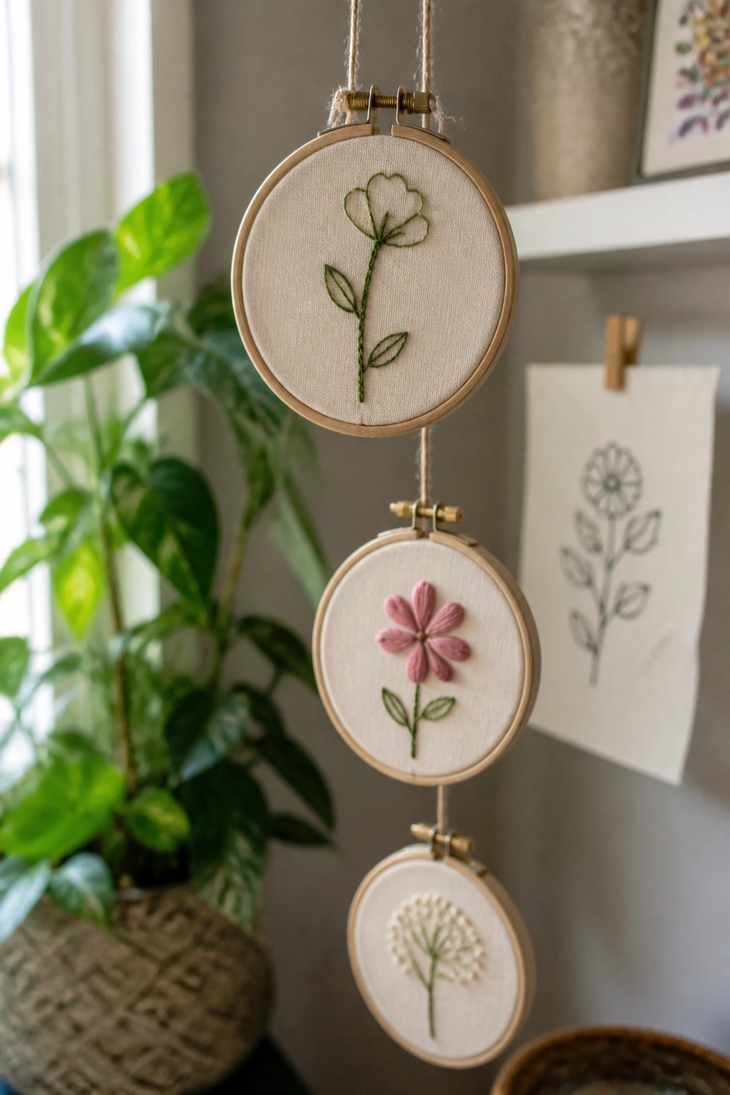 Three hanging embroidery hoops with green, pink, and white floral designs.