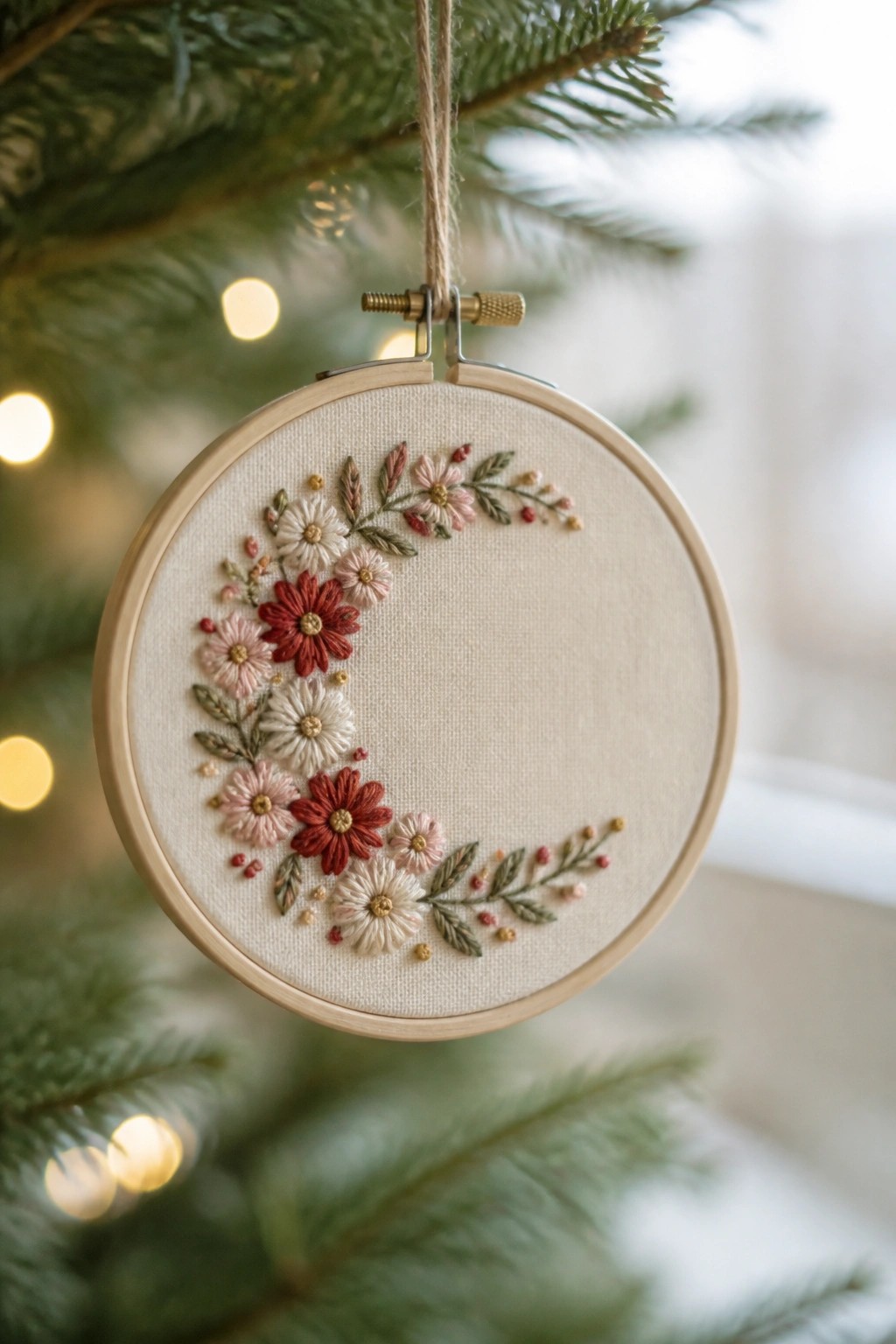 Embroidery hoop showing a floral crescent moon design hanging from a Christmas tree branch.