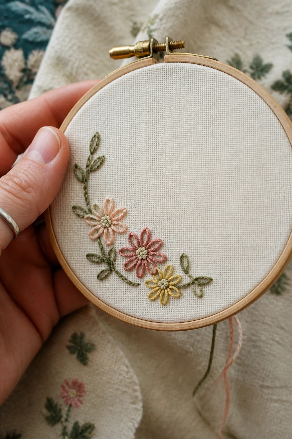 Hand with ring holds hoop with pink, yellow, and green floral embroidery.