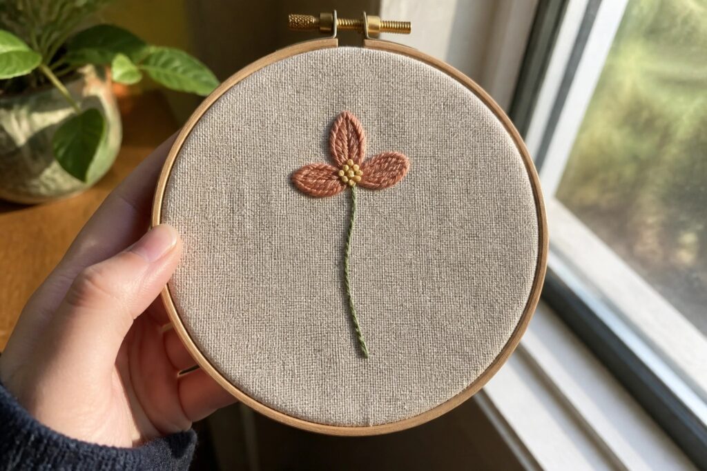 22 Modern Floral Embroidery Designs for Minimalist Hoop Art Hand holding wooden hoop with pink embroidered flower, beaded center, green stem on beige fabric