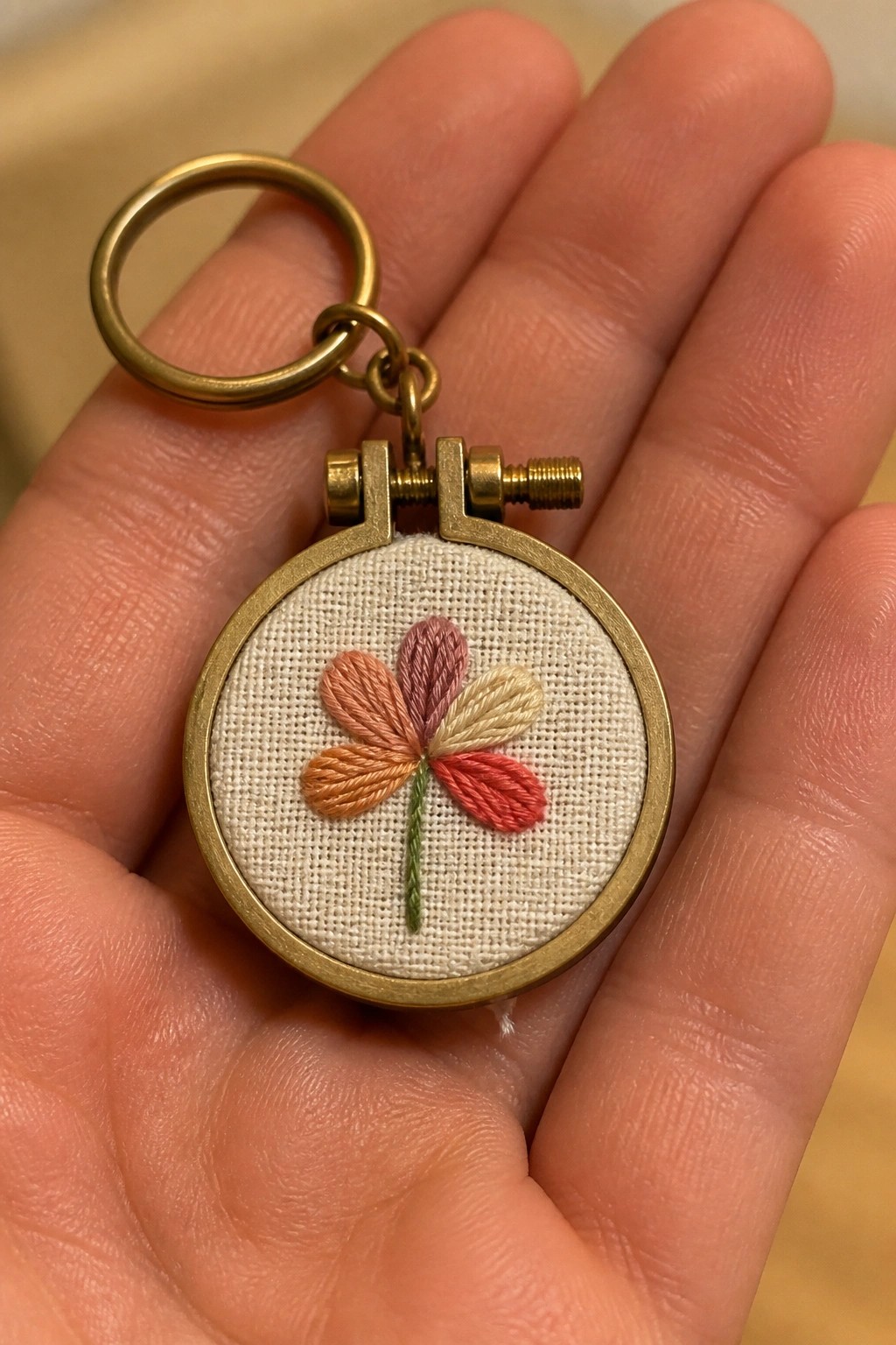 Hand holding brass mini hoop keychain with embroidered pink-orange flower.