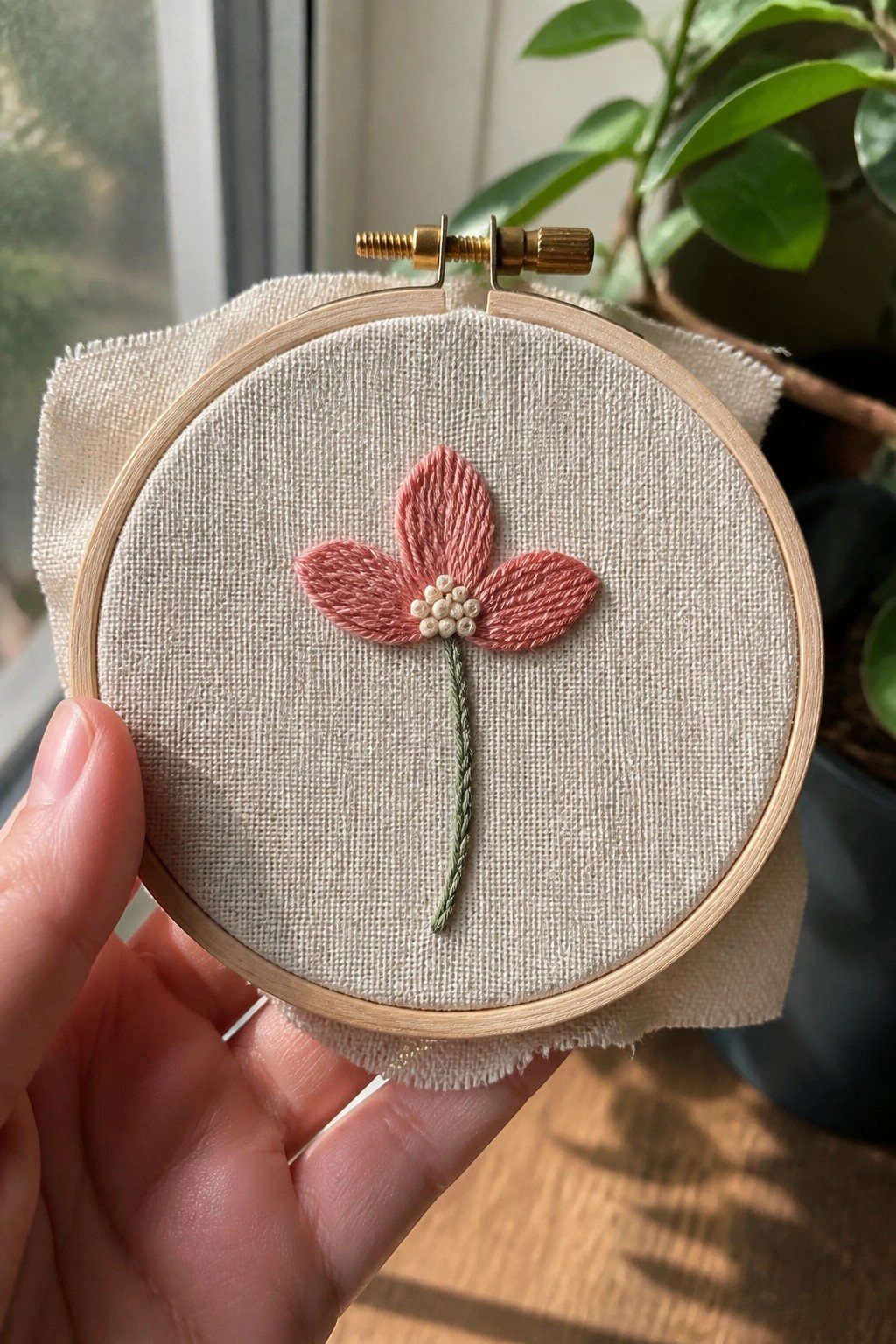 Hand holding wooden hoop with pink embroidered flower, beaded center, green stem on beige fabric