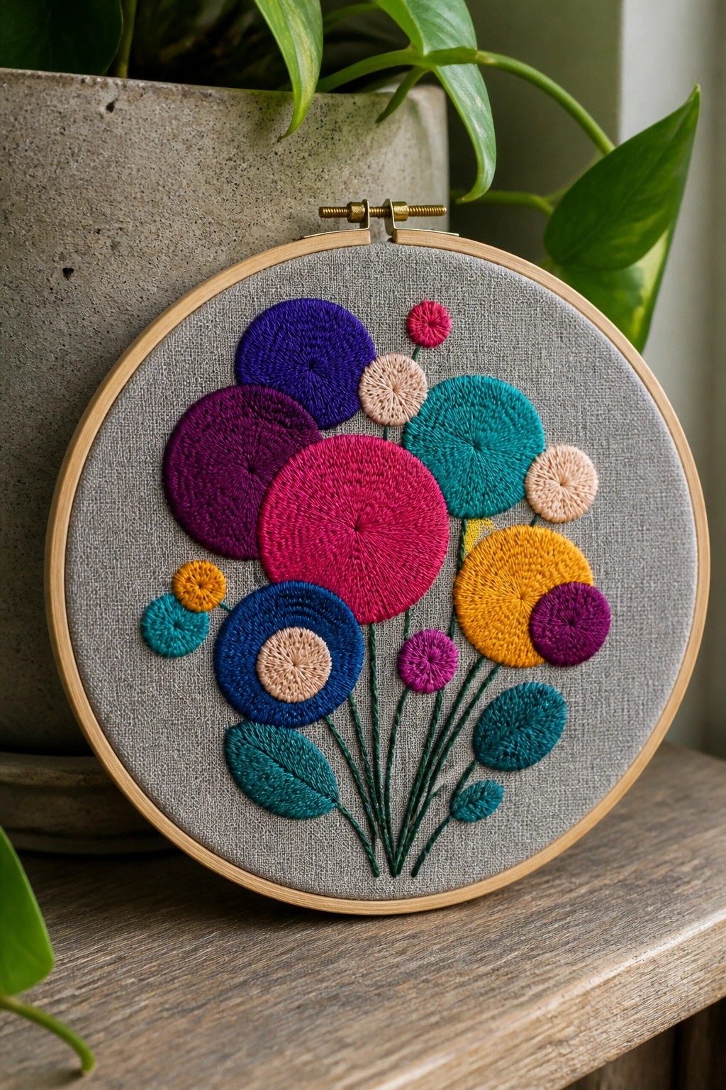Wooden hoop with gray fabric showing embroidered flowers made from colorful circles and green stems and leaves.