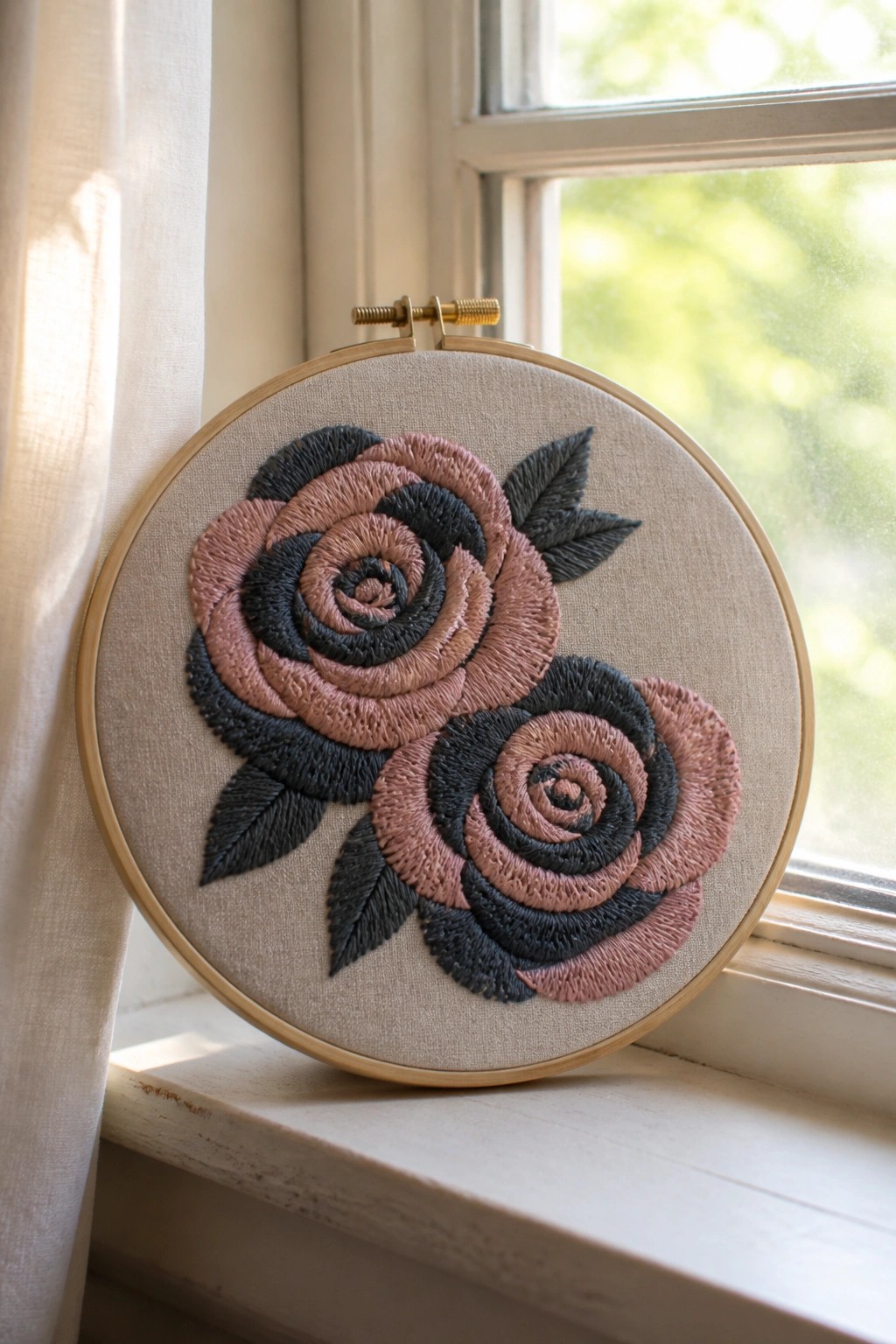 Wooden hoop with two pink and charcoal embroidered roses on a windowsill