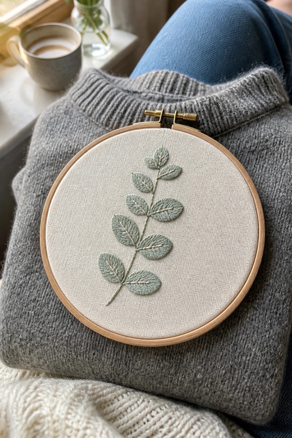 Embroidered green leaf branch in hoop on gray knit sweater with coffee mug
